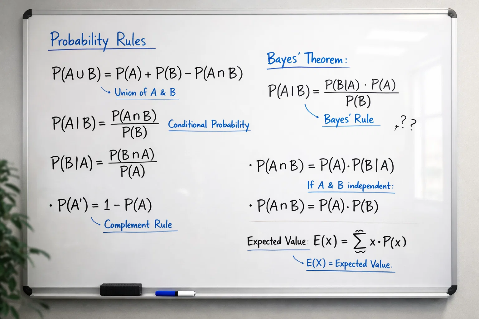 Tableau blanc avec des formules math&eacute;matiques et des annotations