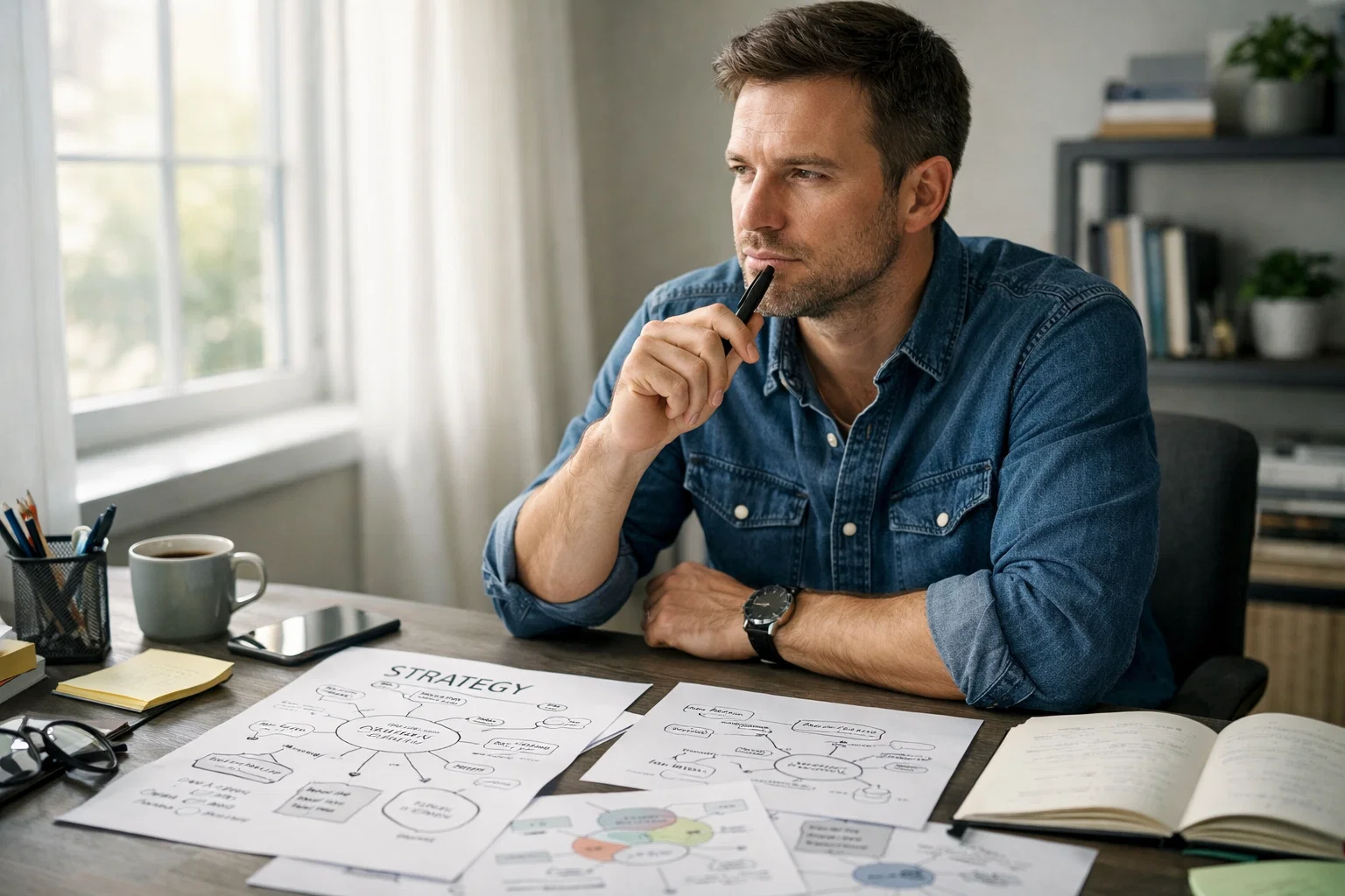 Personne réfléchissant devant des notes de stratégie sur un bureau