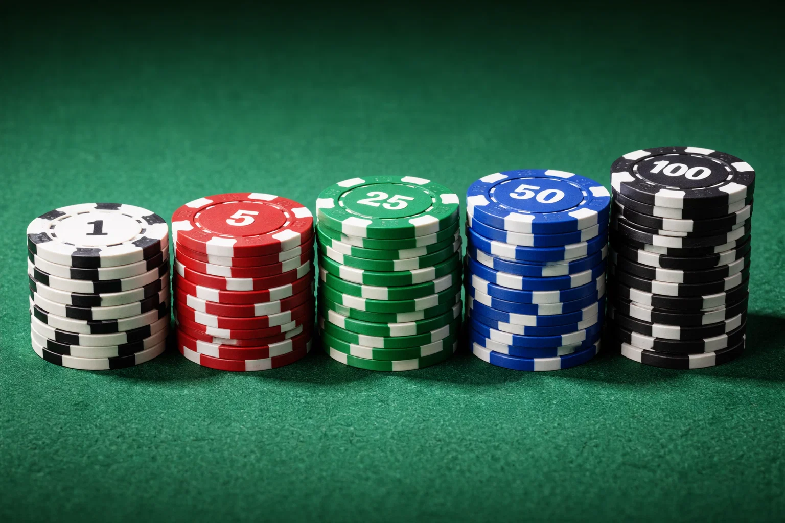 Jetons de différentes valeurs alignés symbolisant les unités de mise