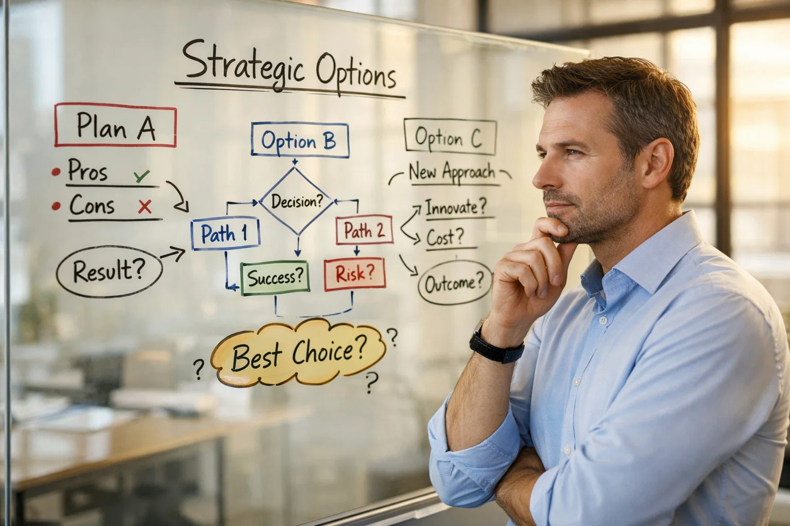 Personne analysant diff&eacute;rentes options strat&eacute;giques sur un tableau