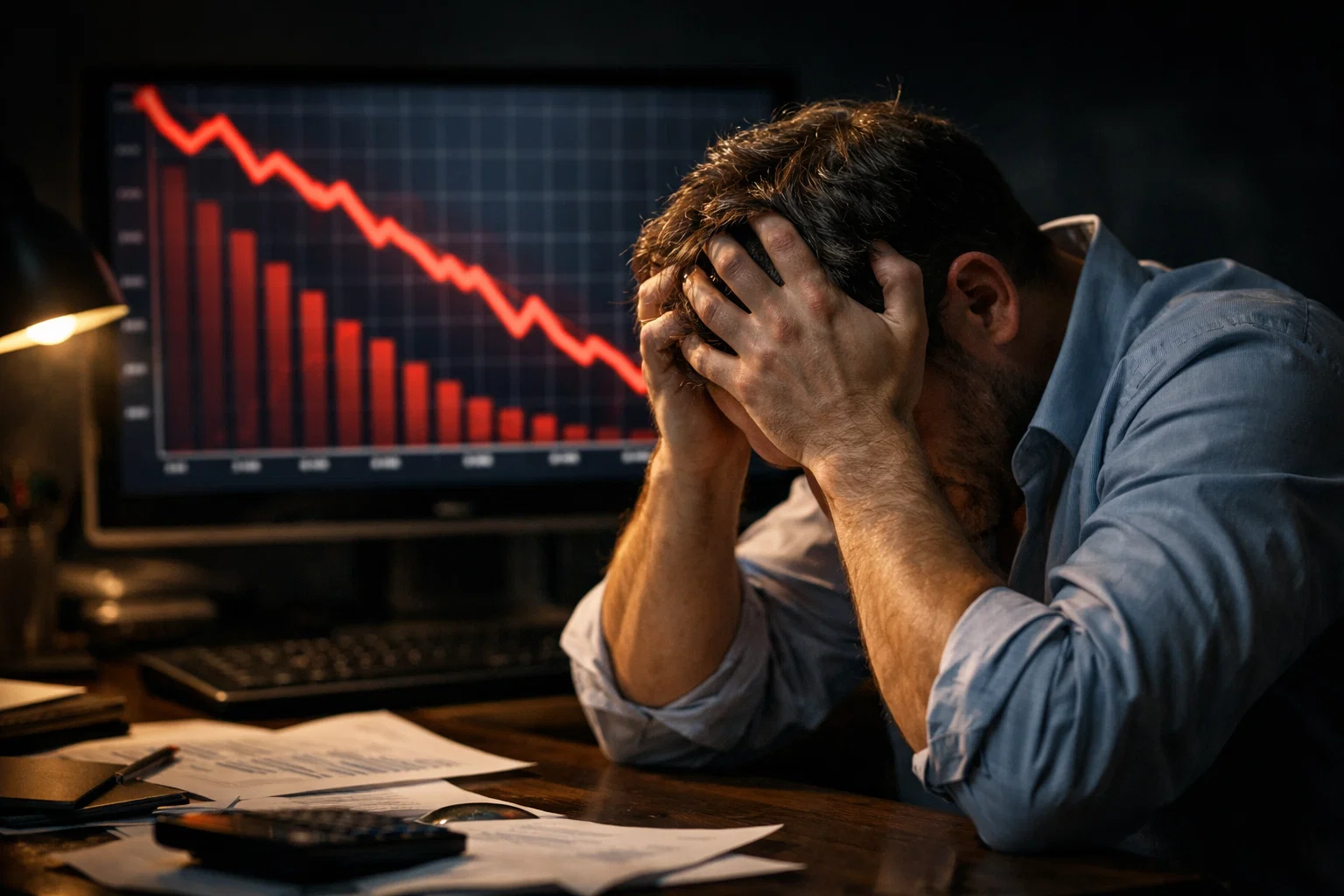 Personne frustrée devant un écran d'ordinateur montrant des graphiques en baisse