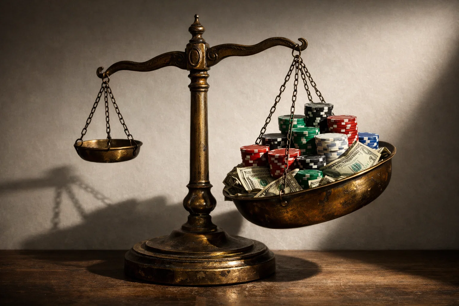 Balance d&eacute;s&eacute;quilibr&eacute;e symbolisant des mises trop importantes