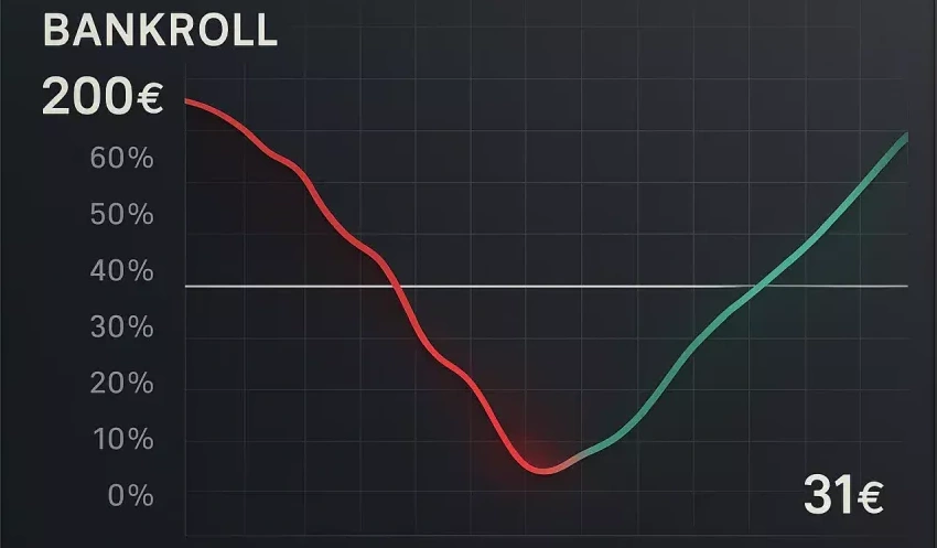 Graphique montrant la chute dramatique de la bankroll &agrave; 31&euro; et sa r&eacute;cup&eacute;ration