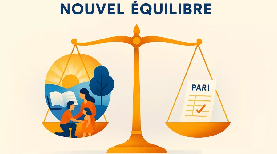 Balance &eacute;quilibr&eacute;e entre vie familiale &eacute;panouie et paris contr&ocirc;l&eacute;s symbolisant le nouveau d&eacute;part