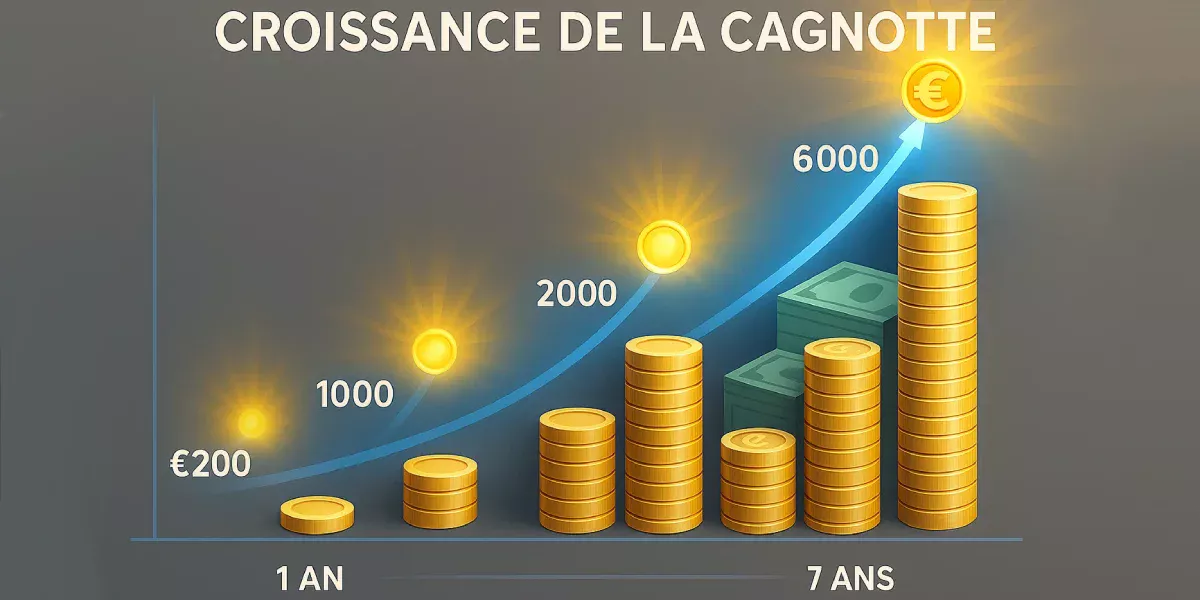 Visualisation triomphante de la croissance de la bankroll de 200&euro; &agrave; 6000&euro; sur 7 ans