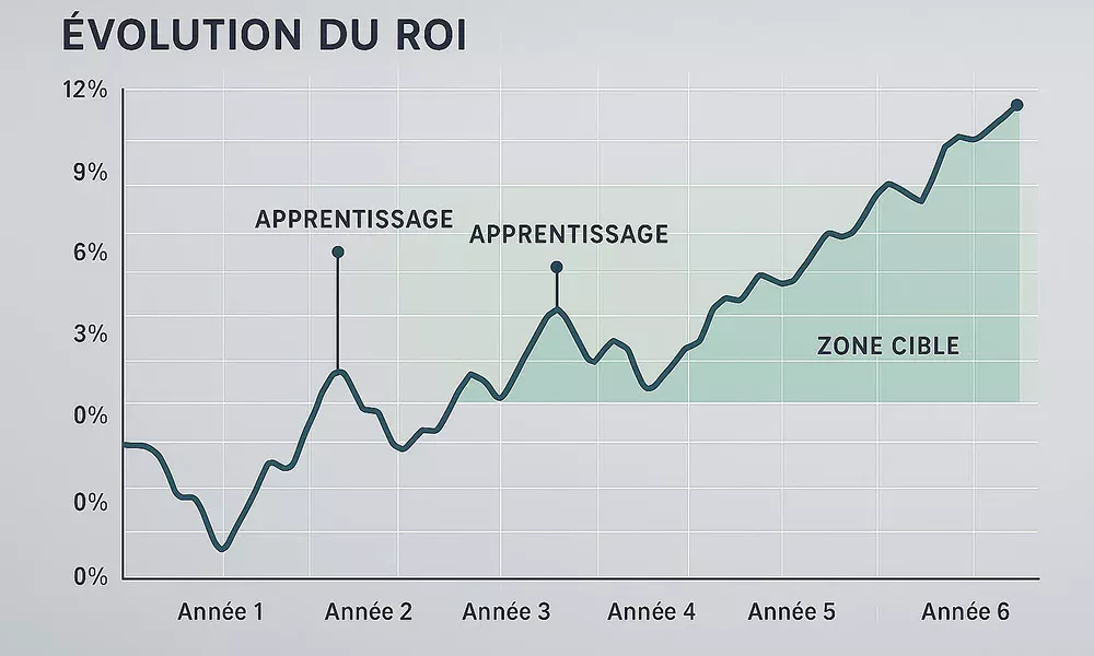 Graphique montrant l'&eacute;volution du ROI sur 6 ans avec les hauts et les bas