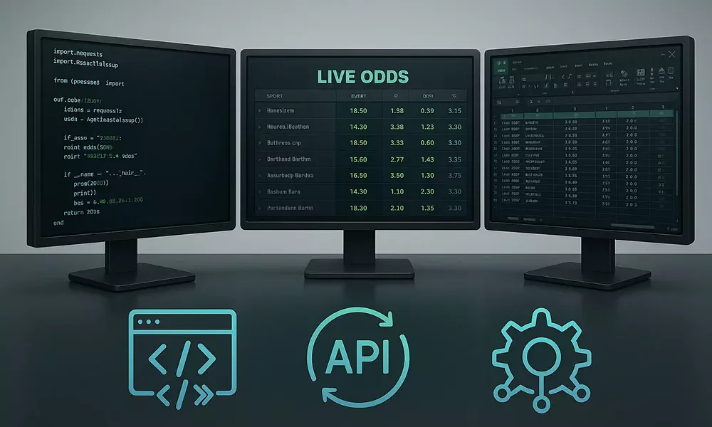 Setup technologique avec triple &eacute;cran montrant Python, Excel et comparateur de cotes