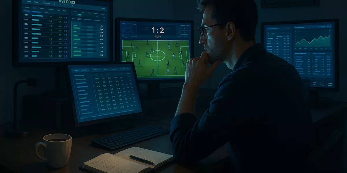Parieur professionnel analysant des statistiques de matchs sur plusieurs écrans