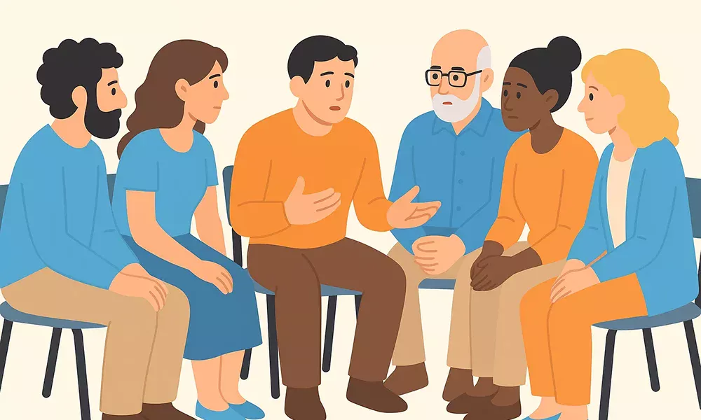 Groupe de soutien avec personnes diverses partageant leurs exp&eacute;riences dans une atmosph&egrave;re bienveillante