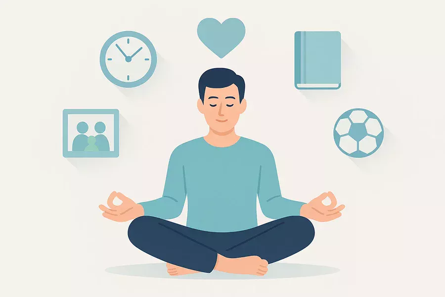 Homme m&eacute;ditant entour&eacute; de symboles positifs de gestion du temps et de vie &eacute;quilibr&eacute;e